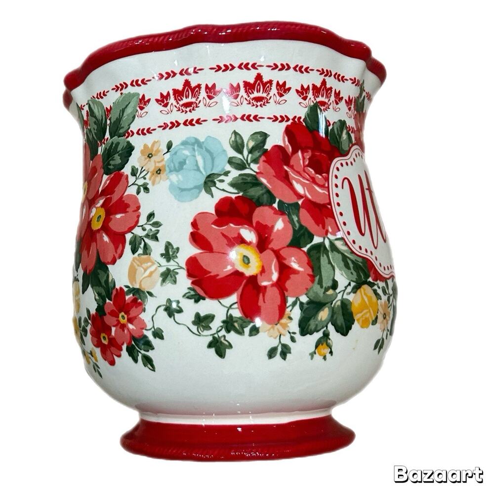 Pioneer Woman Vintage Floral Stoneware Kitchen Utensil Holder Floral Preowned - Picture 4 of 6